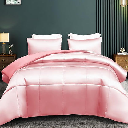 Whale Flotilla 3-Piece Reversible Silky Soft King Size Comforter Bedding Set, Luxurious Satin Comforters Oversized with 2 Satin Pillowcases, Lightweight Duvet for All Seasons, Pink