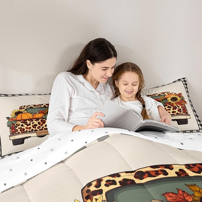 Plaid Pumpkin Comforter Set Fall Thanksgiving Harvest Bedding Set Gifts For Kids Teen Adults Full,Brownleopard Truck Pumpkins Bedding Comforters,Butterfly Sunflower Maple Leaf Bedding Quilted 3 Pcs