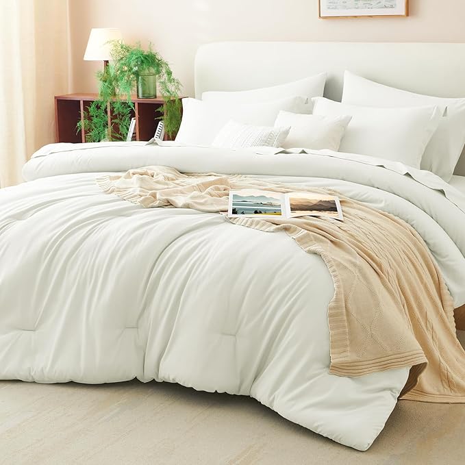 CozyLux Queen Comforter Set Ivory, 7 Pieces Bed in a Bag Queen Size Comforter Set with Sheets, Bedding Sets with Down Alternative Comforter, Fitted Sheets, Flat Sheets, Pillow Shams and Pillowcases