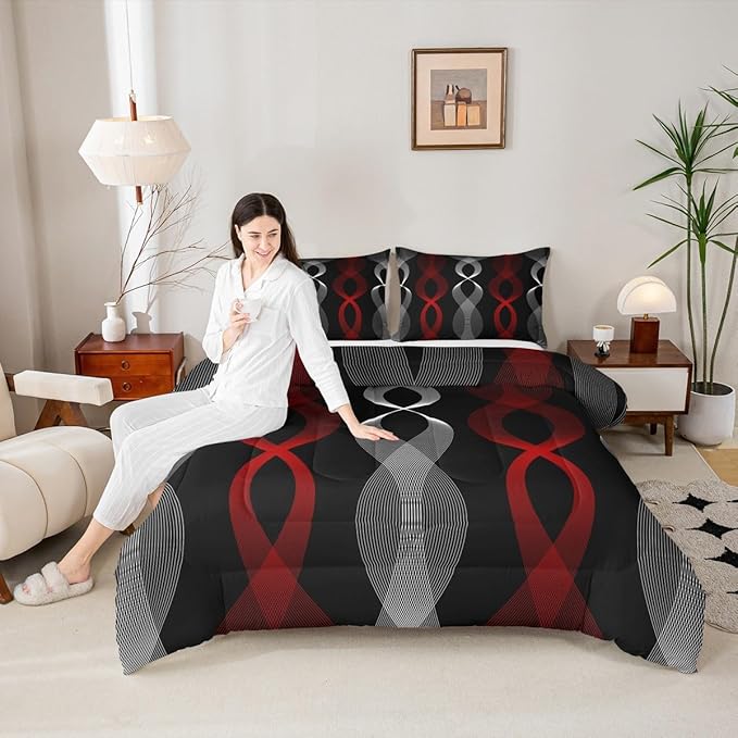 Erosebridal Red and Black Bedding Set King for Adults, Red Striped Comforter Set for Women Men Teens Adults Bedroom, Ombre Geometric Stripes Abstract Comforter, Contemporary Boho Modern Art Quilt