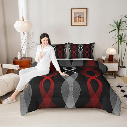 Erosebridal Red and Black Queen Comforter Set for Adults, Red Striped Bedding Set for Women Men Teens Adults Bedroom, Ombre Geometric Stripes Abstract Comforter, Contemporary Boho Modern Art Quilt