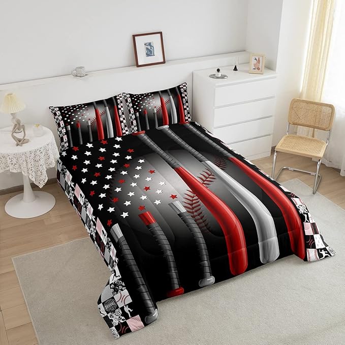 Erosebridal Baseball Comforter Set Twin,Softball American Flag Duvet Insert for Kids Boys Girls,Sports Game Duvet Insert Bedroom Decor,Geometric Stars Striped Down Comforter with 1 Pillow Sham