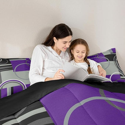 Abstract Swirls Comforter Set Full Modern Purple Black Grey Bedding Circles Stripes Quilt Set Geometric Square Duvet Insert Curved Lines Down Comforter Modern Texture Bedding Comforter Sets