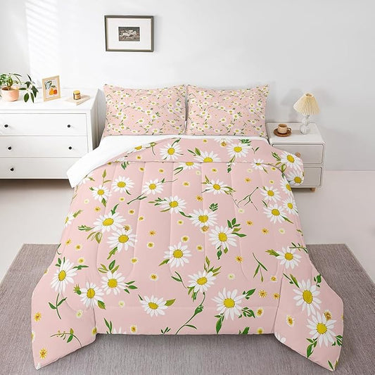 Manfei Daisy Comforter Set King Size, Yellow White Flower Quilt Set with 2 Pillowcases, Botanical Garden Artwork Bedding Set 3pcs for Kids Boy Girls Bedroom Decor Lightweight Duvet Insert