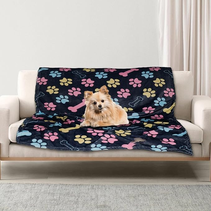 Dog Blankets for Large Dogs, 50"x40" Blanket Washable, Fuzzy Soft Pet Mat Throw Cover for Kennel Crate Bed, Cute Paw Pattern, Cat Blanket, Gifts Medium Small Pet Essentials, Navy Blue