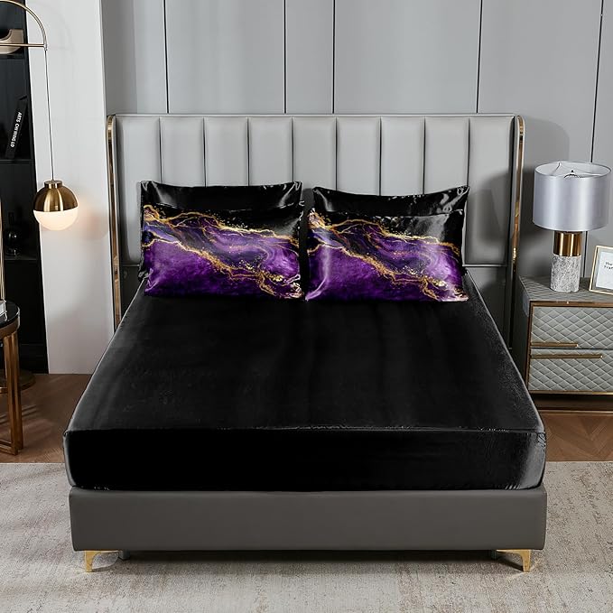 Purple Satin Comforter Set Gray Marble Bedding King Purple Marble Stone Bedroom Decor Artwork Abstract Comforter Silk Like Silky Bed in A Bag with Comforter and Sheets