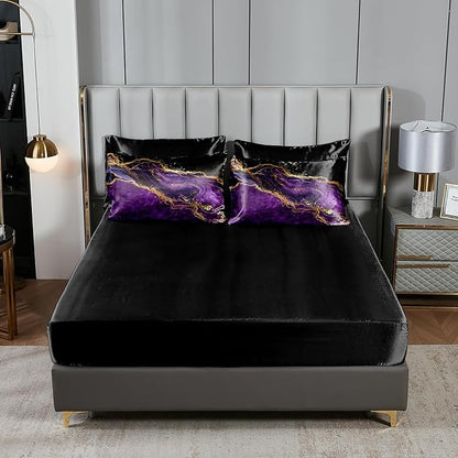 Purple Satin Comforter Set Gray Marble Bedding Queen Purple Marble Stone Bedroom Decor Artwork Abstract Comforter Silk Like Silky Bed in A Bag with Comforter and Sheets