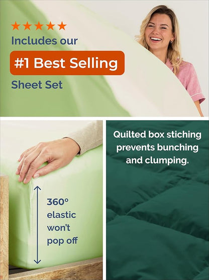 Twin Comforter Set - 2 Piece Bed Set for All Seasons - 1 Soft Quilted Comforter with Corner Tabs & 1 Pillow Sham - Comfy, Cozy & Breathable - Premium Down Duvet Insert - Twin Size, Emerald/Light Sage