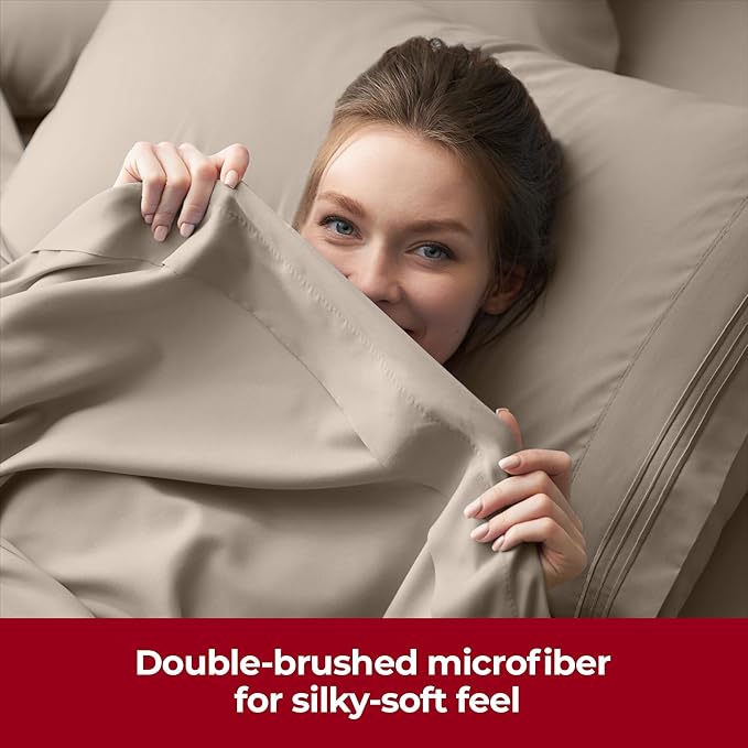 Mellanni Extra Deep Twin XL Sheets - 3 PC Iconic Collection Bedding - Hotel Luxury, Ultra Soft, Cooling Bed Sheets - Wrinkle, Fade, Stain Resistant (Twin Extra Long, Tan)