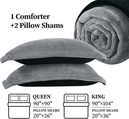 Petrichor Velvet Flannel King Comforter Set- Gray and Black Blanket,Luxury Fuzzy Heavy Bedding Set, 3 Pieces Plush Winter Bed Set with Comforter (90"x104") & 2 Pillow Shams (20"x36")