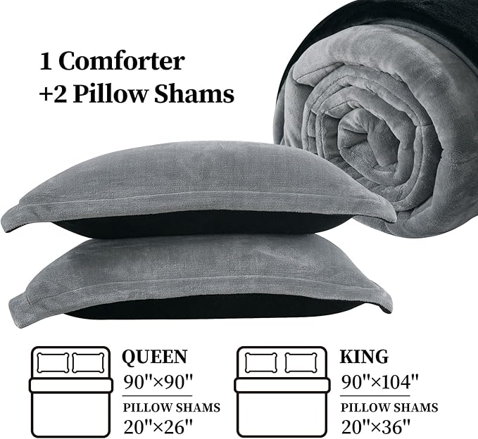 Petrichor Velvet Flannel Queen Comforter Set- Gray and Black Blanket,Luxury Fuzzy Heavy Bedding Set, 3 Pieces Plush Winter Bed Set with Comforter (90"x90") & 2 Pillow Shams (20"x26")