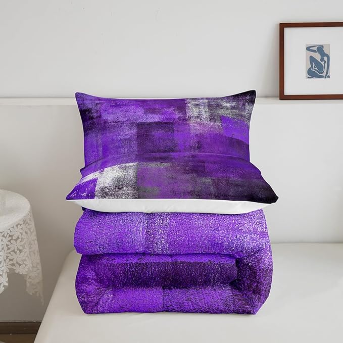 Oil Painting Comforter Set for Kids Boys Girls,Purple Grey Bedding Set,Watercolor Ombre Bedding Comforter Sets,Contemporary Abstract Artwork Duvet Insert with 2 Pillowcases Bedroom Decor,Full
