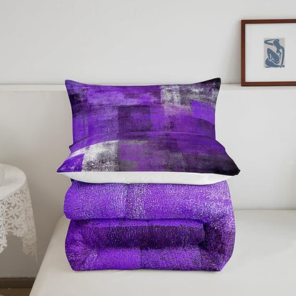 Oil Painting Comforter Set for Kids Boys Girls,Purple Grey Bedding Set,Watercolor Ombre Bedding Comforter Sets,Contemporary Abstract Artwork Duvet Insert with 2 Pillowcases Bedroom Decor,Full