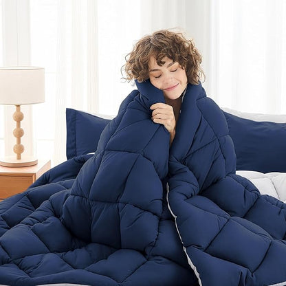 MUXHOMO 7 Pieces Oversized Queen Comforter Set, Reversible Bed in a Bag Oversized Queen Size, All Season Bedding Set with Comforter, Flat Sheet, Fitted Sheet, Pillowcases & Shams, Navy & Light Grey