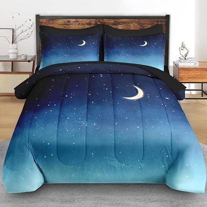 Comforter Set Full Size, Blue Starry Sky 7 Pcs Bedding for Kids and Adults, Landscape Night Moon Bed Sheet Sets with Fitted Sheet 2 Pillowcases & 2 Shams for Bedroom Bed Decor