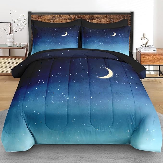 Comforter Set Queen Size, Landscape Night Moon 7 Pcs Bedding for Kids and Adults, Blue Starry Sky Bed Sheet Sets with Fitted Sheet 2 Pillowcases & 2 Shams for Bedroom Bed Decor