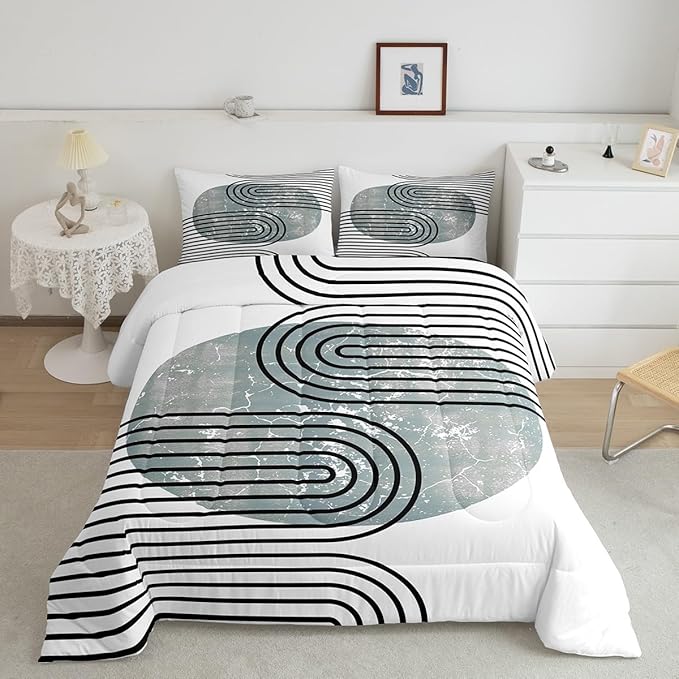 Erosebridal Mid Century Comforter Twin Modern Minimalism Bedding Set, Navy Blue Grunge Down Comforter Black Stripe Bed Set, Aesthetic Abstract Quilted Duvet 2pcs with 1 Pillow Case