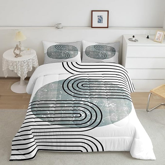 Erosebridal Mid Century Comforter Twin Modern Minimalism Bedding Set, Navy Blue Grunge Down Comforter Black Stripe Bed Set, Aesthetic Abstract Quilted Duvet 2pcs with 1 Pillow Case