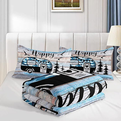 HOSIMA Happy Camping Decor Comforter Set,Camouflage Camper Bedding Queen Size for Kids Teen Girls Boys Room Decor,Camper Accessories for Travel Trailers Themed Bedding with 2 Pillowcases.