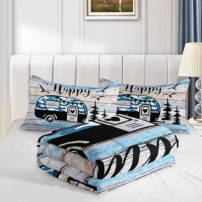 HOSIMA Happy Camping Decor Comforter Set,Camouflage Camper Bedding Twin Size for Kids Teen Girls Boys Room Decor,Camper Accessories for Travel Trailers Themed Bedding with 2 Pillowcases.