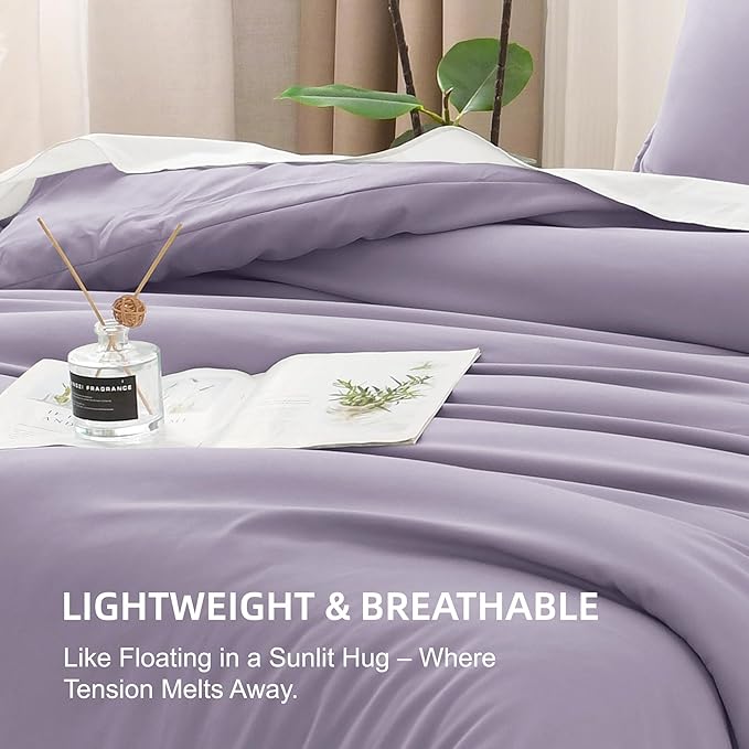 Litanika Grayish Lavender Purple Comforter Set Queen Size, 3 Pieces Lightweight Solid Bedding Comforter Set, All Season Fluffy Bed Set (90x90In Comforter & 2 Pillowcases)