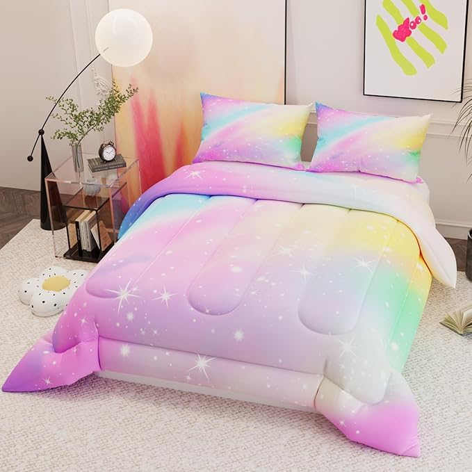 Pink Rainbow Comforter Sets for Girls Kids Adults,3D Pattern with Bright Colors,Decorative Bedding Comforter Sets with 2 Pillow Shams, Queen Size