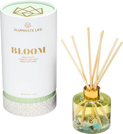 Crystal Infused Reed Diffuser, 4 OZ, Bloom - Amazonite Crystal Infused - Scents of Lavender, Neroli, and Jasmine - Hope, Discovery, & Growth - Home Decor, House Warming, Room