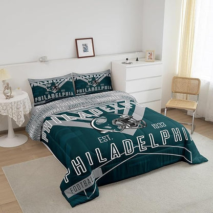 Feelyou Football Bedding Set Boys Girls King Size Rugby Sports Comforter Set Sports Theme Women Men Football City Duvet Quilt Gray Green Room Decor