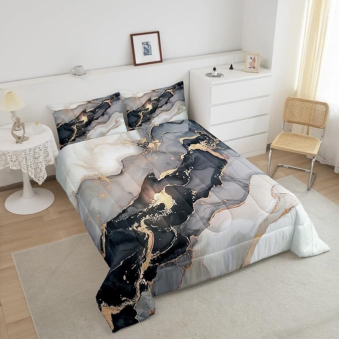 Erosebridal Black Marble Bedding Set Full,Black and Grey Marble Comforter Set Men Teens Boys Modern Gray Orange Abstract Art Tie Dye Down Comforter Kids Gothic White Gold Marble Duvet Insert Soft
