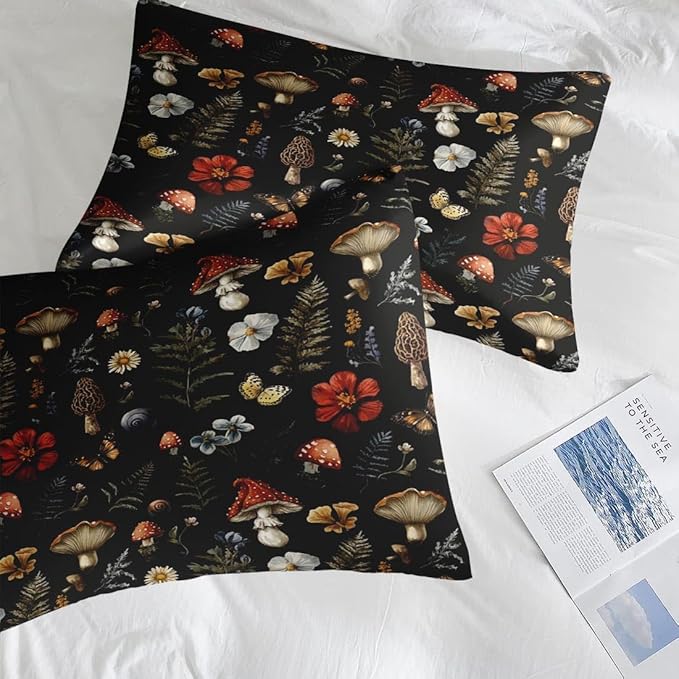 Comforter Set King Size, Woodland Mushroom 7 Pcs Bedding for Kids and Adults, Fern Plants Botanical Bed Sheet Sets with Fitted Sheet 2 Pillowcases & 2 Shams for Bedroom Bed Decor