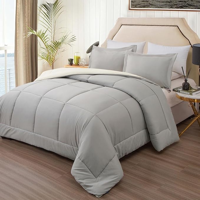 EMME King Comforter Set 7 Pieces Ultra Soft White and Grey Bedding Sets, King Bed in a Bag, All Season Bed Set with 1 Comforter, 1 Flat Sheet, 1 Fitted Sheet, 2 Pillowcases and 2 Pillow Shams