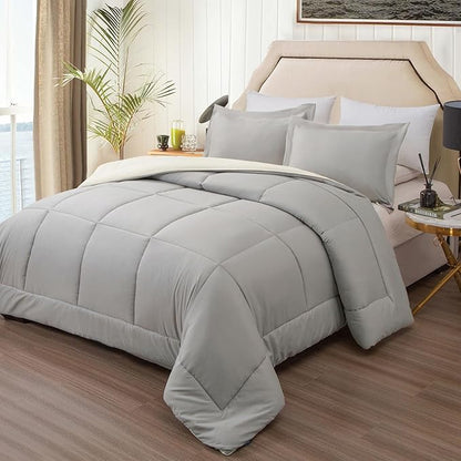 EMME King Comforter Set 7 Pieces Ultra Soft White and Grey Bedding Sets, King Bed in a Bag, All Season Bed Set with 1 Comforter, 1 Flat Sheet, 1 Fitted Sheet, 2 Pillowcases and 2 Pillow Shams