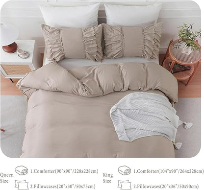 Herside Taupe Boho Comforter King Size,Shabby Chic Ruffle Bedding Set,2 Layers Ruffles Fluffy Vintage Comforter Home Decor,Farmhouse 3 Pcs Microfiber Lightweight Quilt Set