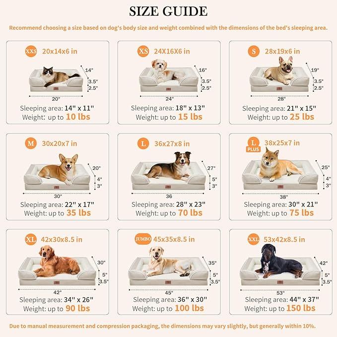 Comfort Expression Orthopedic Dog Bed for Extra Large Dogs 48x30 Inch, Waterproof Egg Crate Foam XXL Pet Bed with Removable Bolsters, Dog Couch with Washable Cover & Non-Slip Bottom, Beige