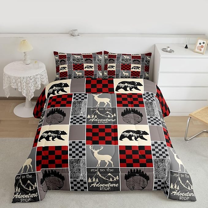 Rustic Cabin Bear Deer Bedding Set, Retro Wooden Barn Door Comforter Set Wild Animals Adventure Camping Patchwork Quilt Vintage Farm Country Bedding Comforter Sets Lodge Decor For The Home, Queen