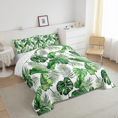 Erosebridal Palm & Monstera Leaves Comforter, Full Size - Lightweight Green & White Hawaiian Bedding Set with 2 Pillow Cases