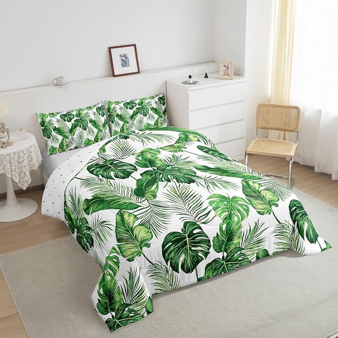 Erosebridal Palm Leaves Comforter Set Hawaiian Bedding Set Monstera Banana Leaves Down Comforter King Size Summer Tropical Leaves Quilt Set Green White Lightweight 3Pcs Bedroom Decor