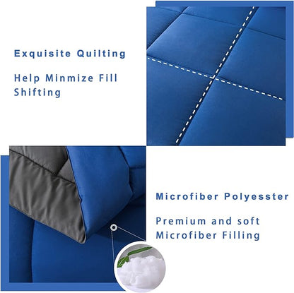 DOWNCOOL Queen Comforter Set -All Season Bedding Comforters Sets with 2 Pillow Cases-3 Pieces Bedding Sets Queen -Down Alternative Blue/Grey Queen Size Comforter Sets(88"x92")
