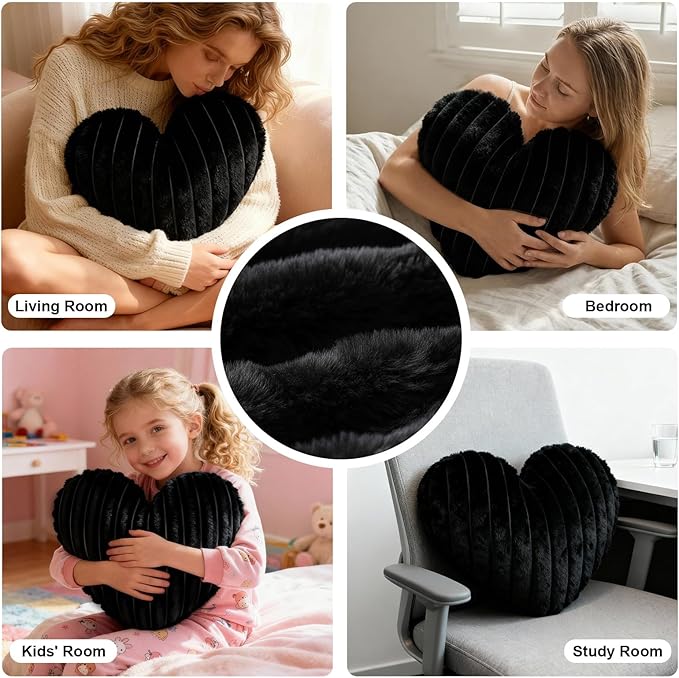 2 Pcs Black Heart Throw Pillows, 16 Inch Soft Fluffy Heart-Shaped Comfort Pillows with Calming Texture, Hug Pressure for Relaxing Moments, Ideal for Sofa, Reading, and Naps (Black)