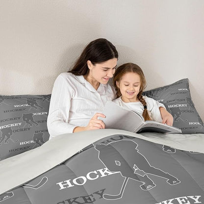 Hockey Players Comforter Set Full Size, Kids Bedding Set,Ball Activity Game Quilt Comforter,Gray Duvet Insert,2 Pillowcases