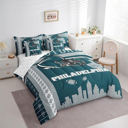 Feelyou Football 7 Pieces Comforter Sets Rugby Sports Bedding Set for All Season King Size Football City Bed in a Bag with Comforter, Sheets, Pillowcases & Cushion Cover