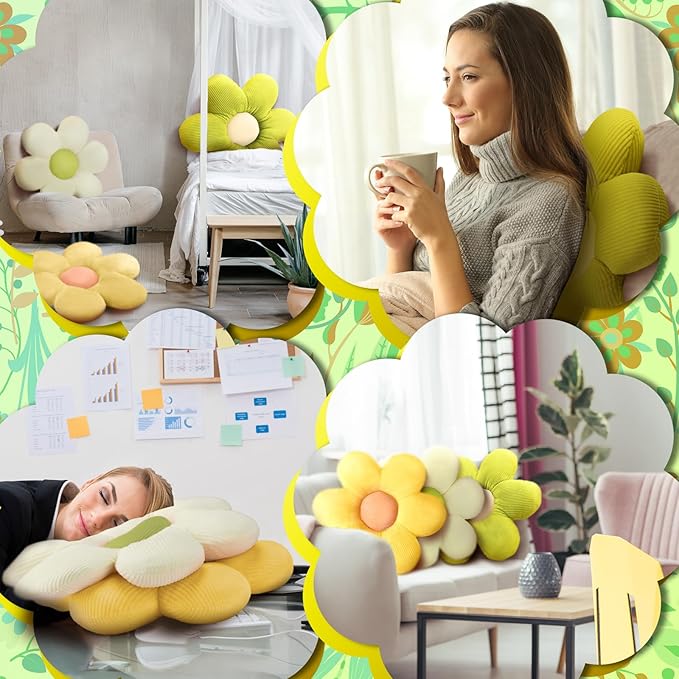 Sratte 3 Pcs Flower Pillows Flower Shaped Throw Pillows Cute Daisy Plush Pillow Decorative Floor Pillow Seat Cushion for Bedroom Home Sofa Chair Couch Decor(Green, Yellow, White,20")