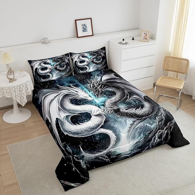 Erosebridal Dragon King Size Bedding Set, West Wildlife Comforter Set for Teens Adult Youth Men Room, Ancient Animal Down Comforter for All Season, Black White