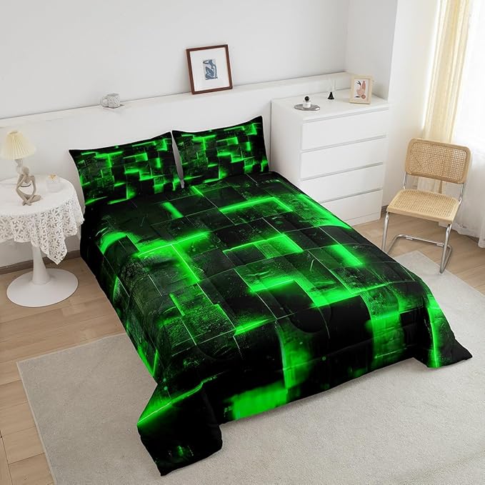 Erosebridal Black and Green Comforter Set King Modern Abstract King Bedding, 3D Glowing Plaid Bedding Comforter Sets Gradient Grid Duvet, Neon Square Quilted Comforter 3 Piece (Black Reversible)