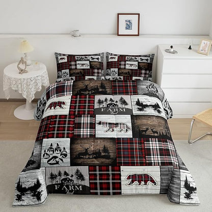 Bear Comforter for Teens Boys Girls Buffalo Plaid Check Bedding Sets for Cabin Camping Wild Farm Animal Elk Deer Duvet Insert Red Christmas Stripes Patchwork Quilt Hunting Theme Quilted Duvet,Full