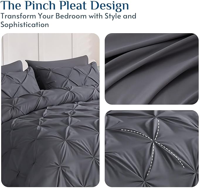 JOLLYVOGUE King Size Comforter Set 7 Pieces - Bed in a Bag King for All Season, Pintuck Bedding Comforter Sets with Comforter, Flat Sheet, Fitted Sheet and Pillowcases & Shams, Grey