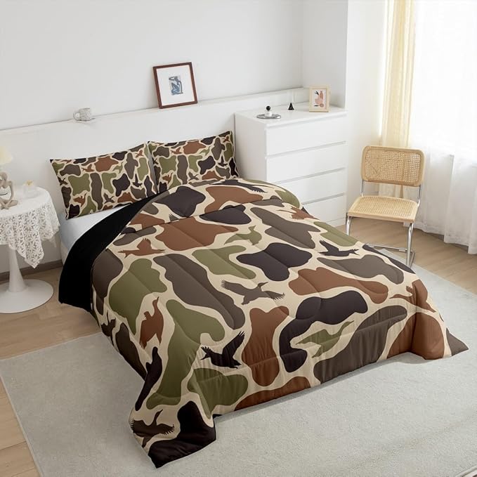 Erosebridal Duck Hunting Comforter Set Toddler Army Camo Bedding Set for Kids Boys Children Green Camouflage Military Comforter Wild Woodland Duvet Set Farmhouse Soft Room Decor
