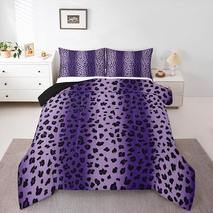 Erosebridal Leopard Print Queen Comforter Set for Kids Teens Adults,African Cheetah Print Bedding Set,Farmhouse Rustic Duvet Insert,Ombre Purple Bed Set for All Season