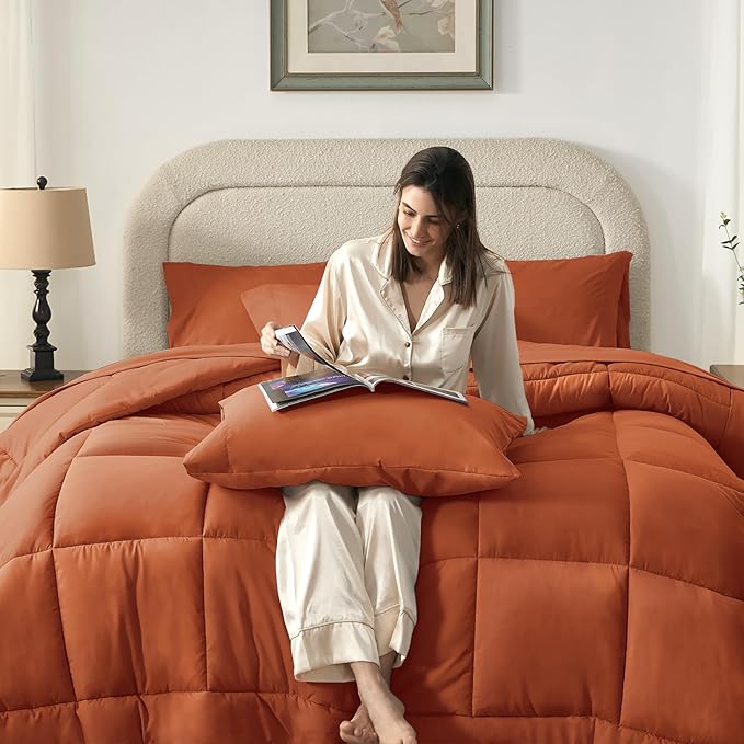SunStyle Home Burnt Orange Full/Queen Comforter Set - 7 Pieces Bed in a Bag, Lightweight Goose Down Alternative Bedding Sets with All Season Comforter, 1 Flat Sheet, 1 Fitted Sheet, 4 Pillowcases