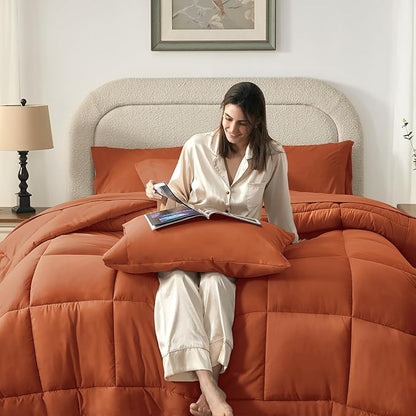 SunStyle Home Burnt Orange Full/Queen Comforter Set - 7 Pieces Bed in a Bag, Lightweight Goose Down Alternative Bedding Sets with All Season Comforter, 1 Flat Sheet, 1 Fitted Sheet, 4 Pillowcases